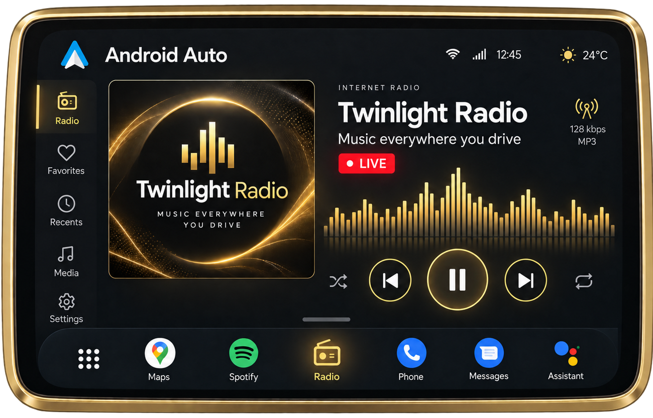 Android Auto radio screen with the station listed in the sidebar, artwork, live badge, bitrate and playback controls
