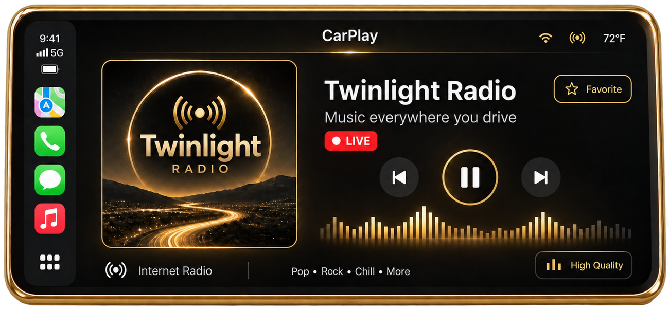 Apple CarPlay now-playing screen with the station artwork, live badge, waveform and high quality indicator