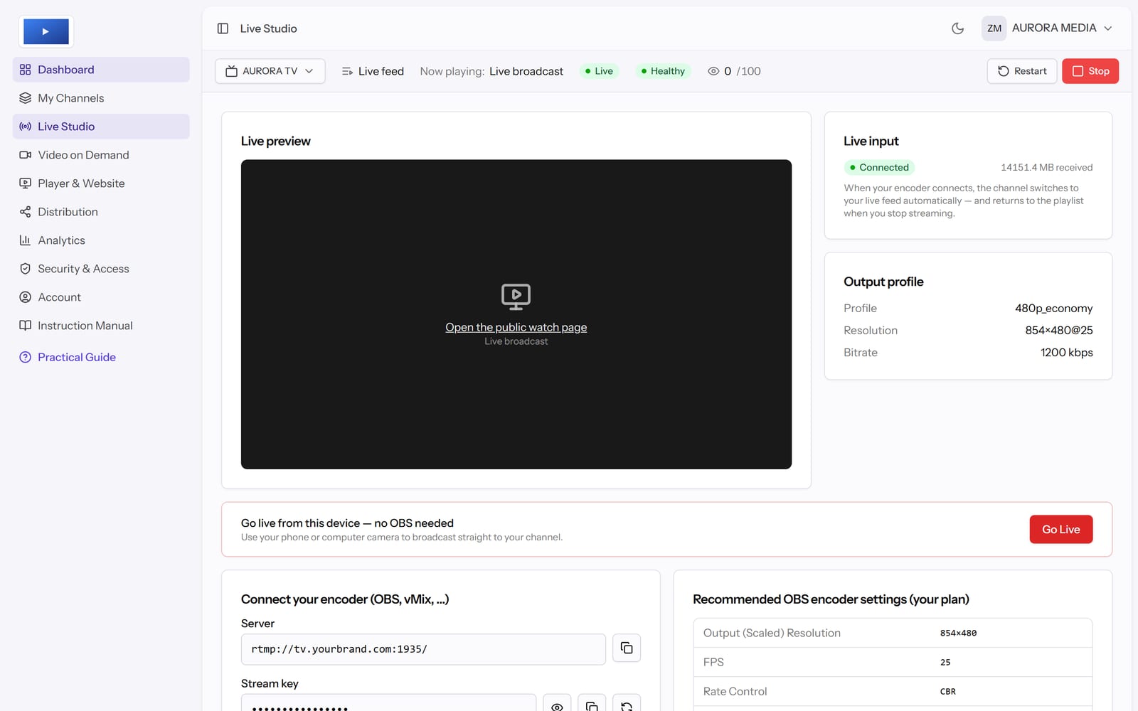 Live Studio page in the Ifastek panel