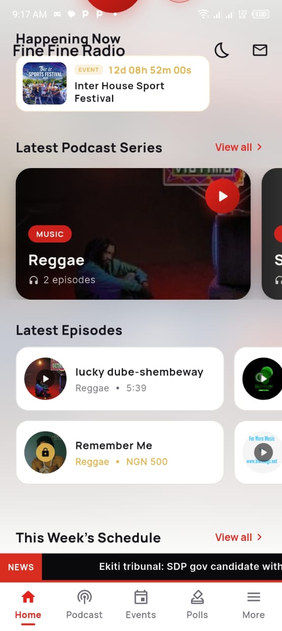 Radio app &mdash; Home screen with podcast rail