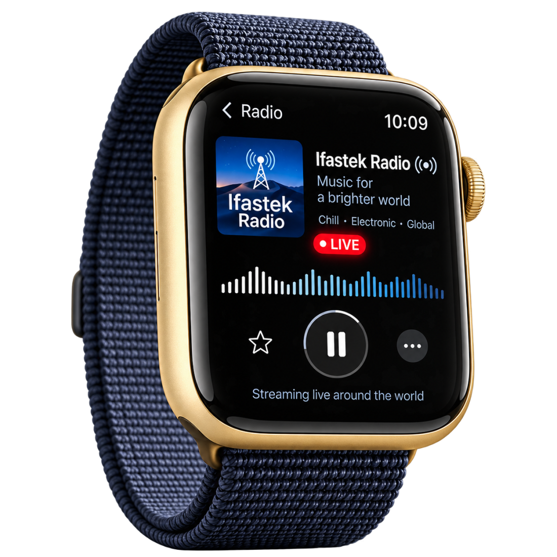Apple Watch seen from an angle, playing a live radio station