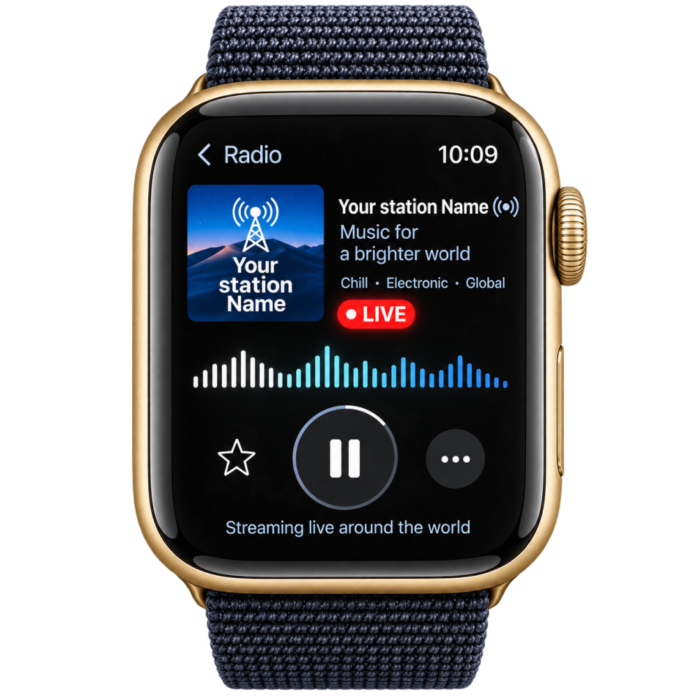 Apple Watch playing a live radio station, showing the station logo, LIVE badge and playback controls